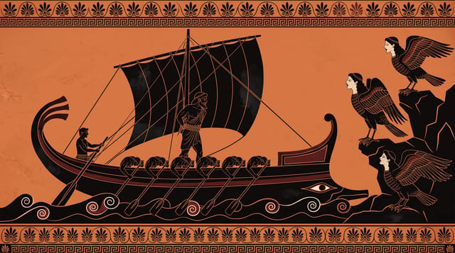 Black-Figure Pottery animation style: Ancient Greek vase painting: black silhouette figures with incised detail on terracotta, framed by meander friezes.