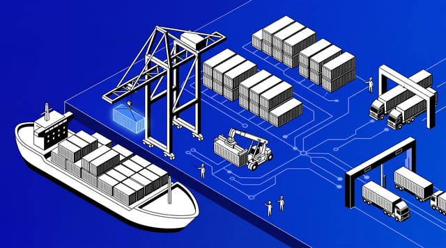 Blueprint Circuit Isometric animation style: White line isometric systems built on a deep cobalt grid, linked by glowing circuit traces.