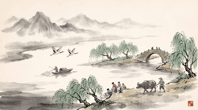 Chinese Ink Wash animation style: Traditional shuimo ink painting brought to life: flowing sumi brushstrokes, misty washes and rice paper, poetic and serene.