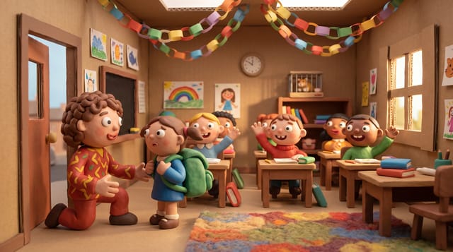 Claymation Characters animation style: Handmade plasticine puppets with fingerprints and bead eyes, acting out stories on tiny cardboard and felt sets.