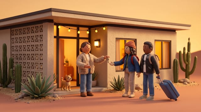 Desert Miniature Diorama animation style: Tactile miniature 3D sets of mid century desert homes at golden hour with puppet like figures.