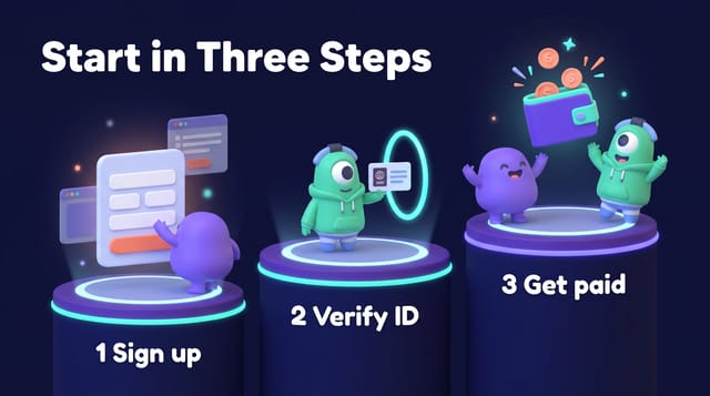 Matte 3D Characters animation style: Friendly matte 3D: quirky alien characters, floating interface cards and glowing pedestals in a neon navy void.