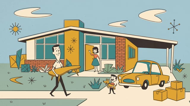 Mid-Century Cartoon animation style: 1950s limited animation with angular characters, mustard, teal and coral, boomerangs and starbursts.