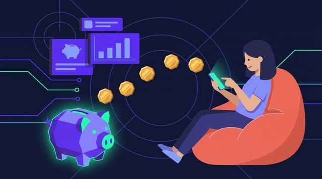 Midnight Fintech Geometric animation style: Flat violet and coral UI cards, faceted coins and neon mint circuit lines on midnight navy.