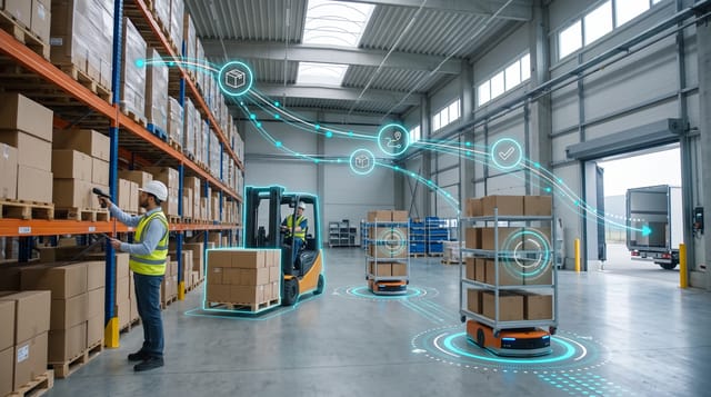 Mixed Reality Enterprise animation style: Real workplace photography with polished glowing overlays: traced outlines, glass data cards, HUD rings and flowing data lines.