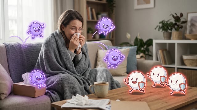 Mixed Reality Health animation style: Real photographs of everyday life with bold, glowing cartoon health characters living inside them, for friendly family explainers.