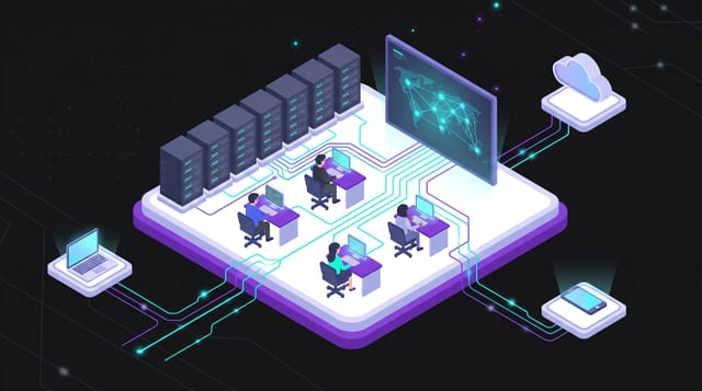 Neon Grid Isometric animation style: Dark mode 2.5D isometric trays in a black void, wired together by glowing cyan and violet circuit traces.