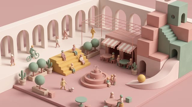 Pastel Stop Motion animation style: Tactile pastel architecture in stop motion: arches, ramps and blocks stacked into playful buildings on dusty rose.