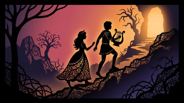 Silhouette Shadow Puppet animation style: Lace fine black cut paper silhouettes in profile against glowing amber and rose skies, like a lantern lit puppet theatre.