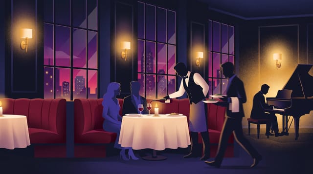 Stipple Luxury animation style: Luxury editorial vector with stippled light: elegant silhouettes, velvet, candlelight and gold on midnight navy.