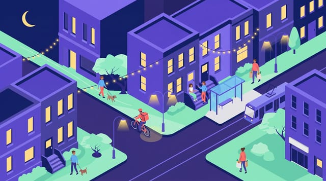 Twilight City Vector animation style: Flat vector streets and isometric city blocks at dusk, with lamp glow and friendly semi flat characters.