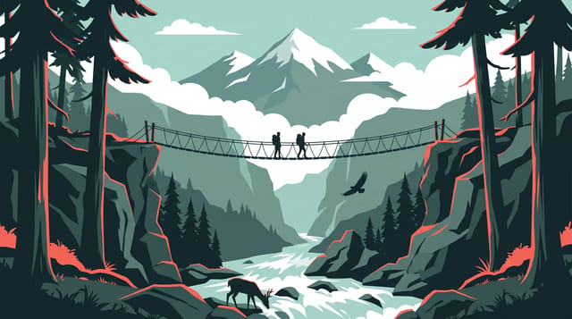 Vector Parallax animation style: Calm layered vector landscapes with a coral rim light: mountains, rivers and forests built for parallax.
