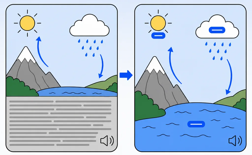 Redundancy principle before and after: a narrated water cycle diagram half covered by a paragraph of on-screen text, next to the same narrated diagram with three short labels