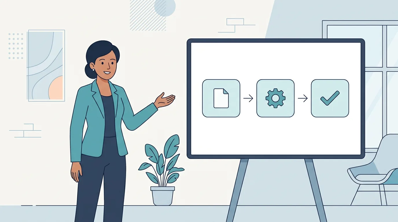 Starting image for test 1: a flat 2D presenter in a teal blazer beside a whiteboard showing three boxes joined by arrows
