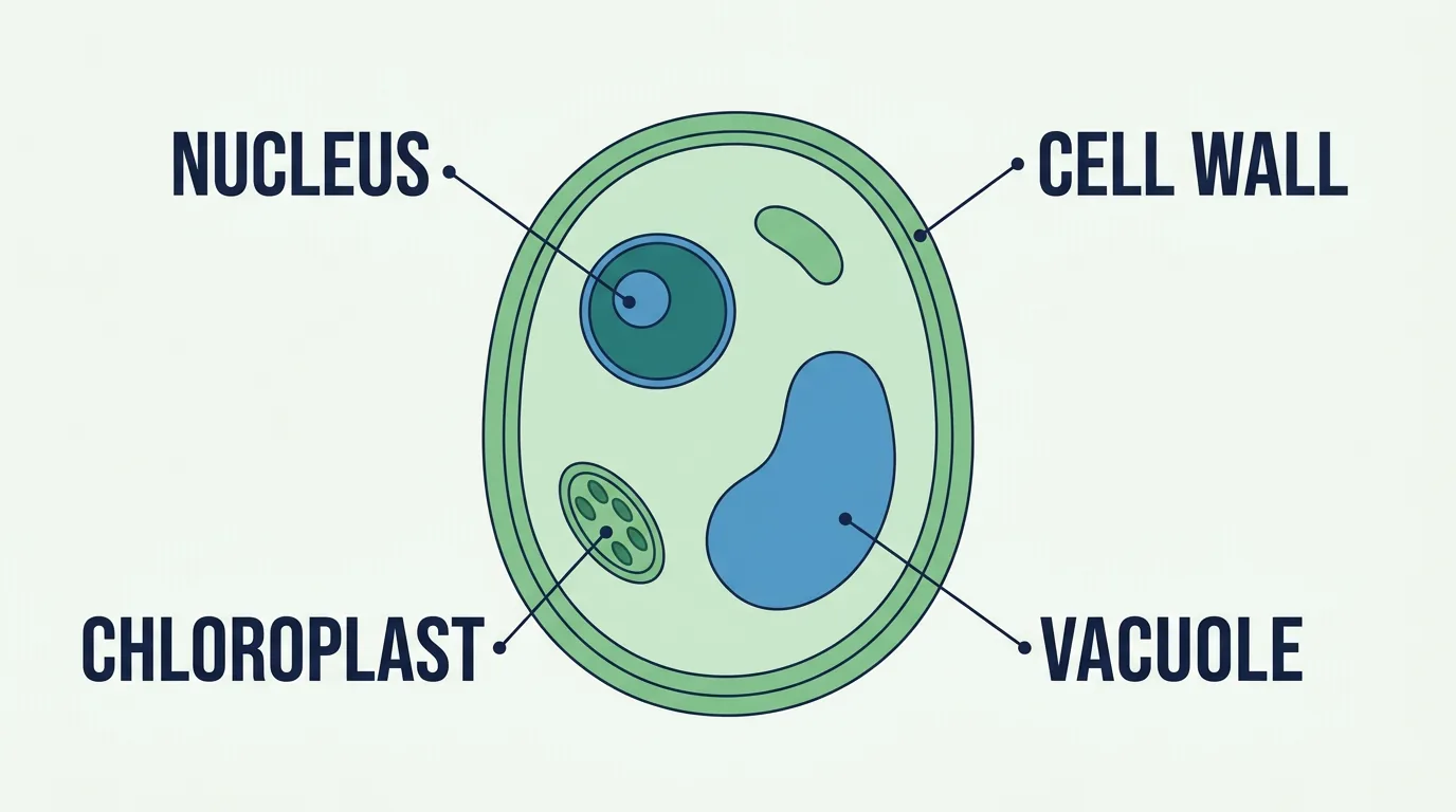 Starting image for test 2: a flat 2D plant cell diagram with four labels: nucleus, cell wall, chloroplast and vacuole