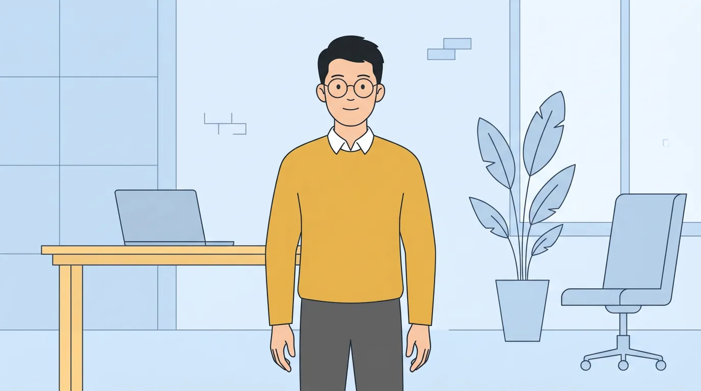 Starting image for test 3: a flat 2D man with round glasses and a mustard yellow sweater standing in a simple office