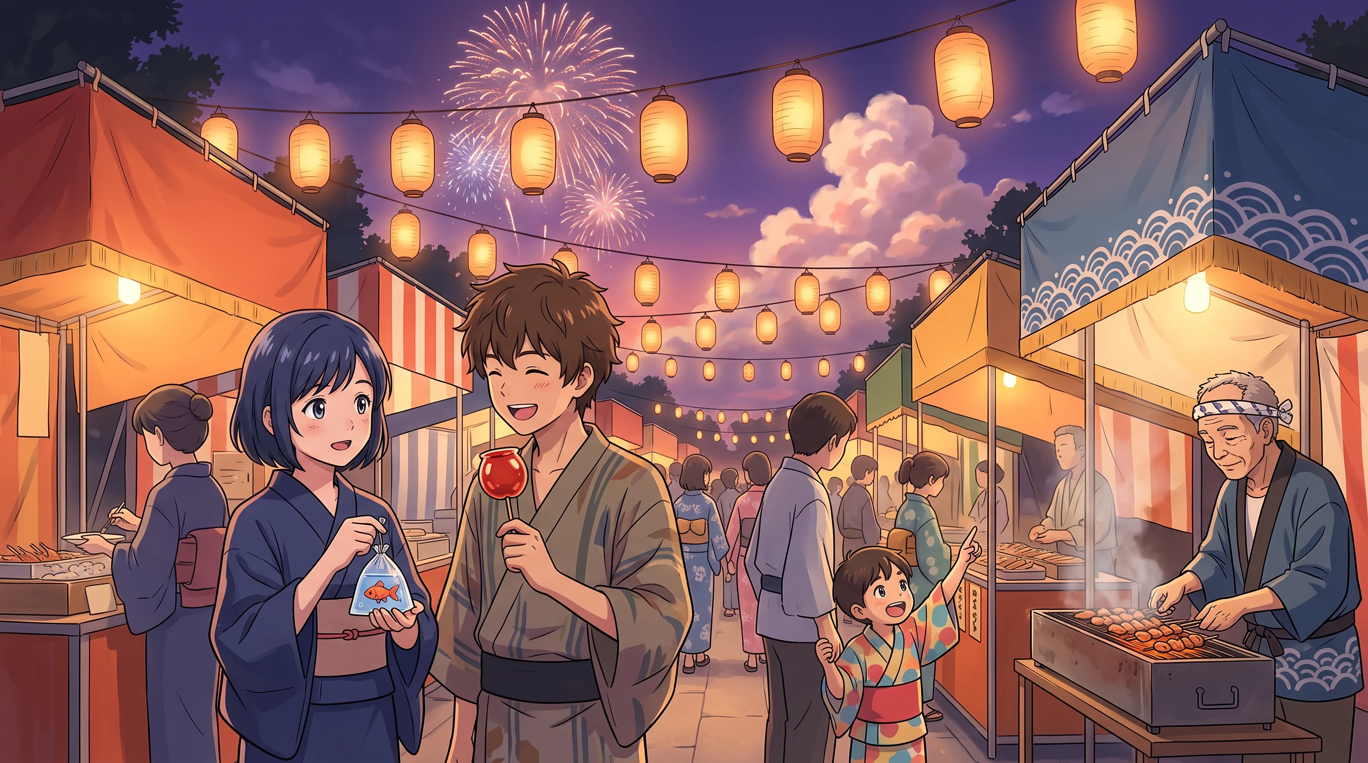 A summer festival evening, in the Anime Cel style