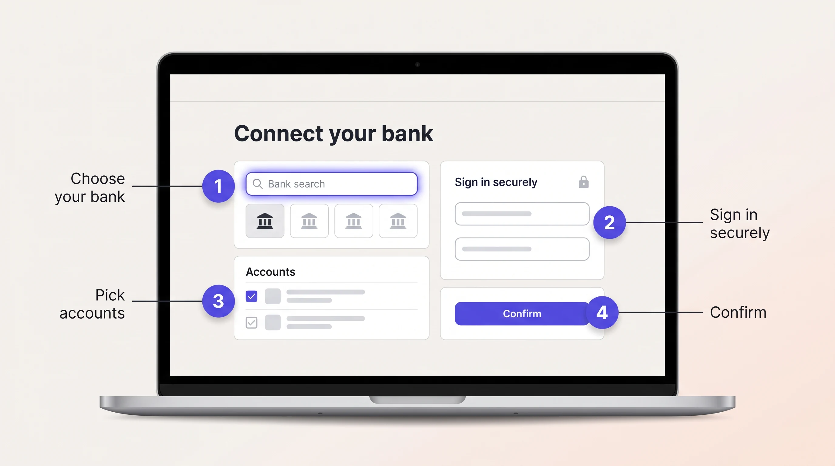 Onboarding: connect your bank in four steps, in the App Walkthrough style