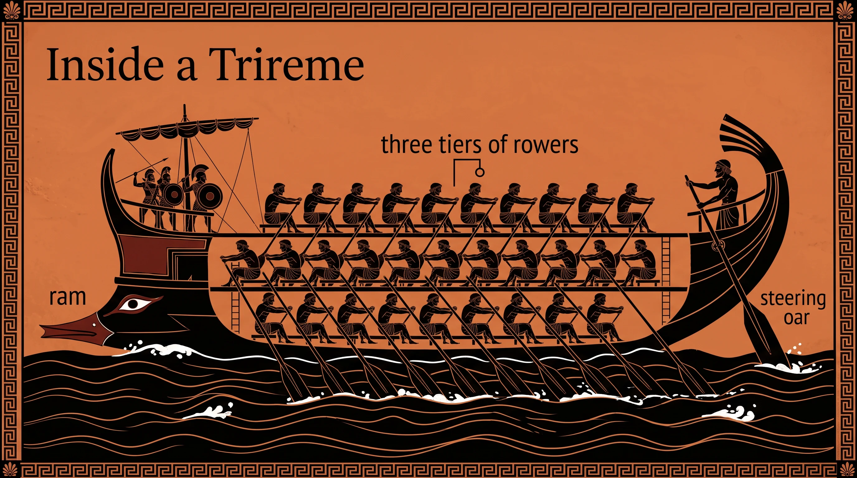 Inside a trireme, in the Black-Figure Pottery style