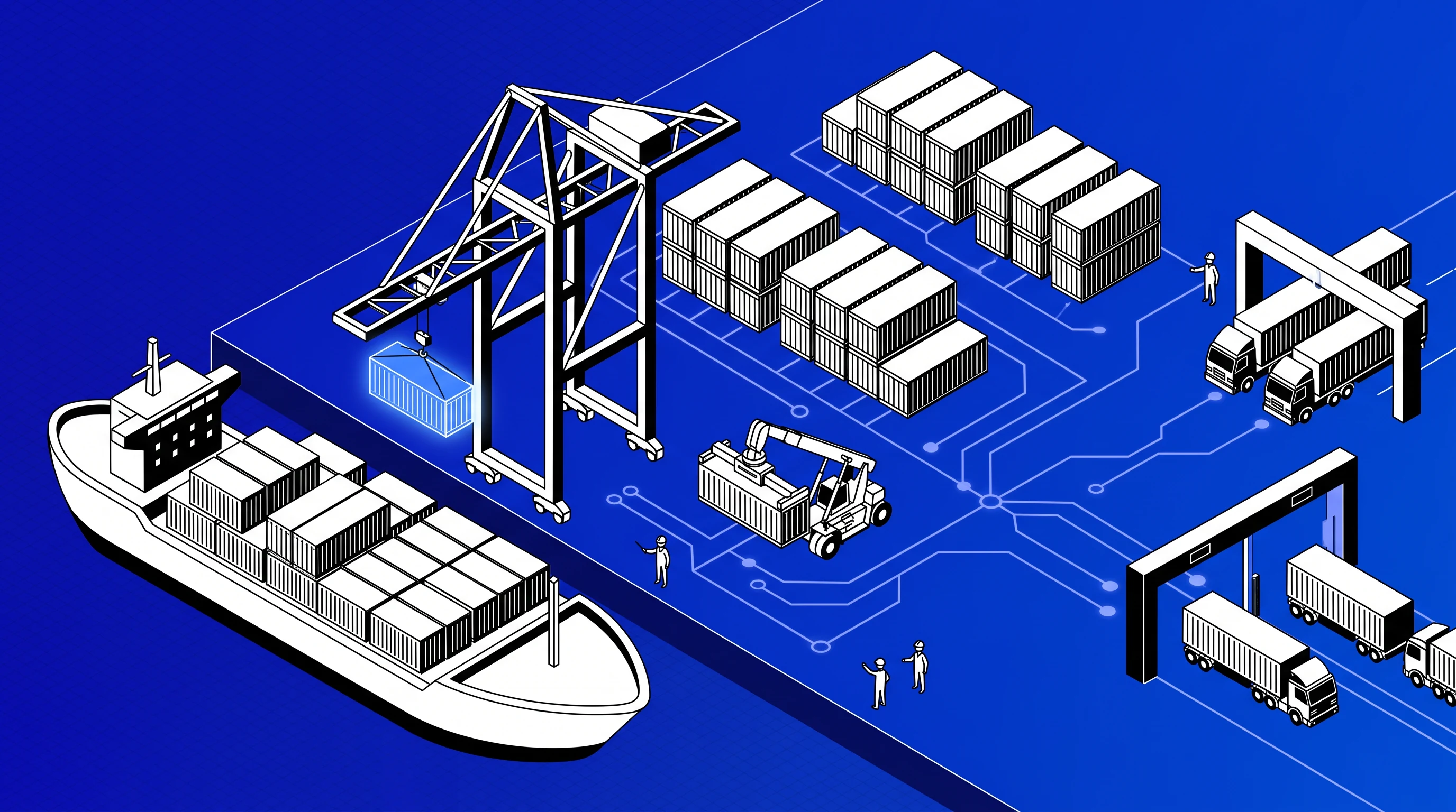 Blueprint Circuit Isometric animation style: White line isometric systems built on a deep cobalt grid, linked by glowing circuit traces.
