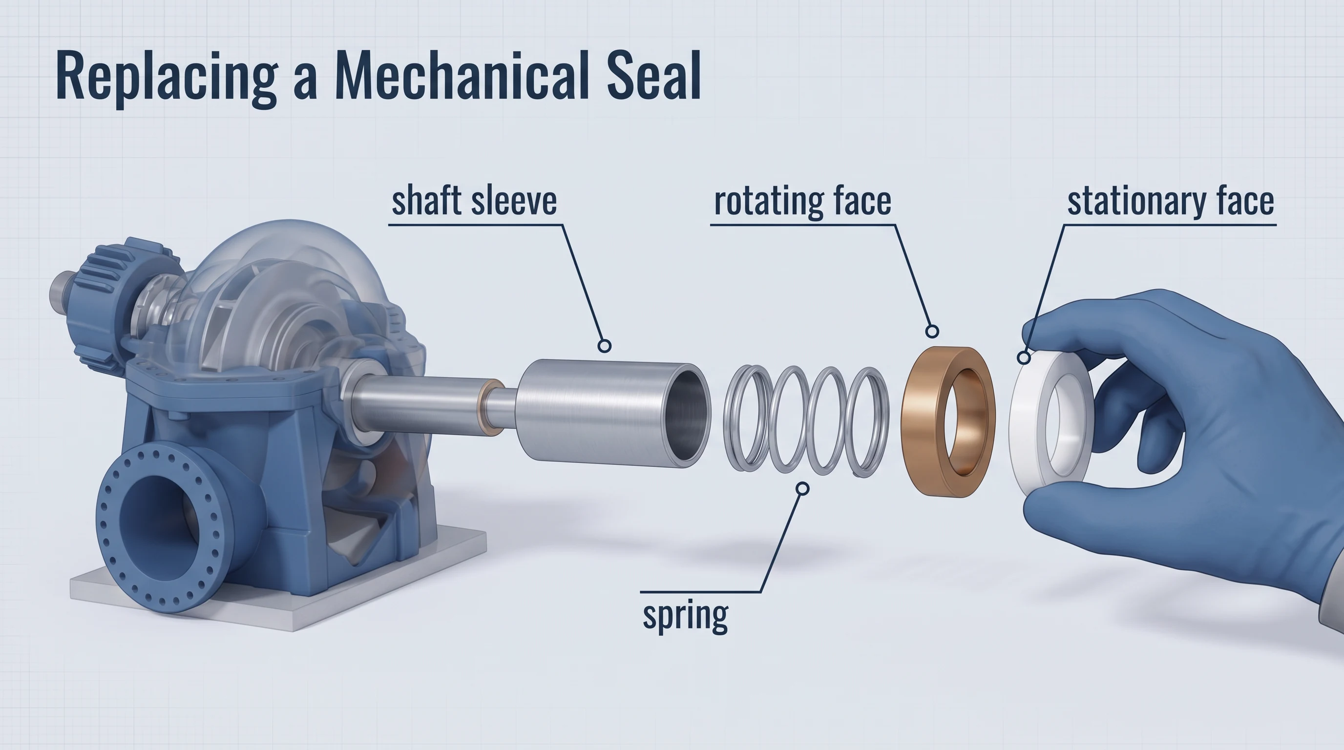 Replacing a mechanical seal, in the CAD Cutaway 3D style