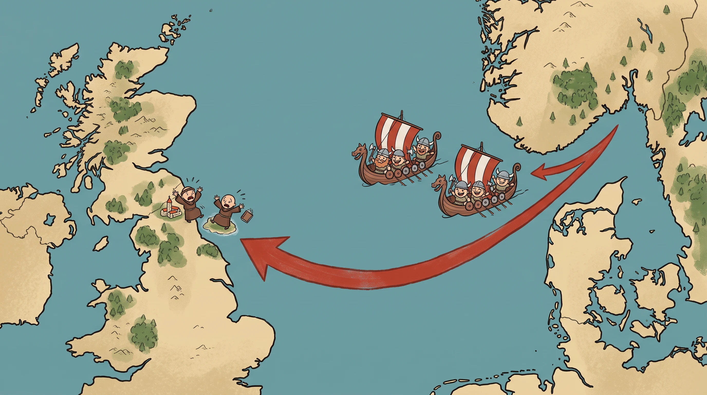 A Viking raid, in the Chibi History Map style