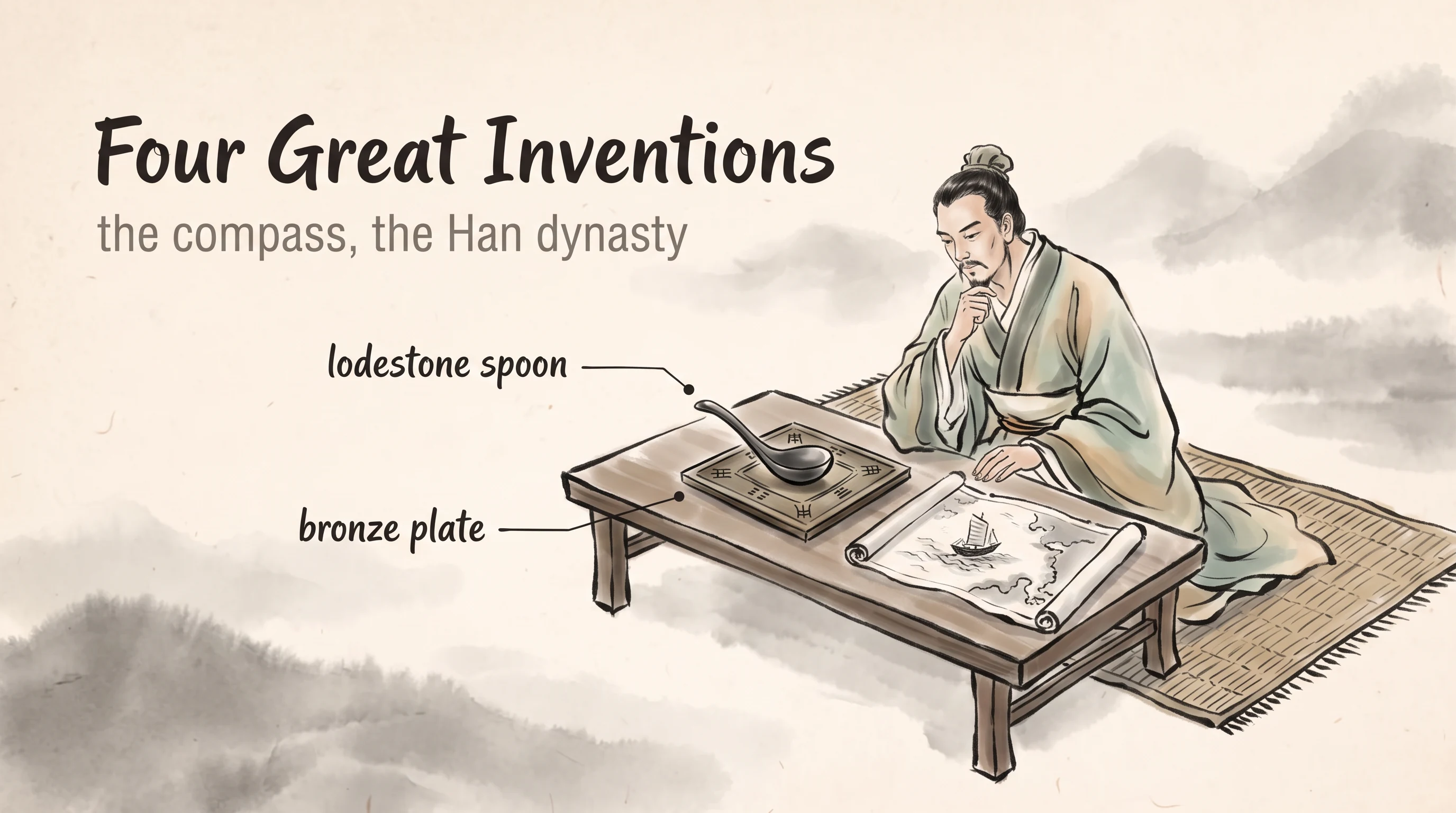 The invention of the compass, in the Chinese Ink Wash style