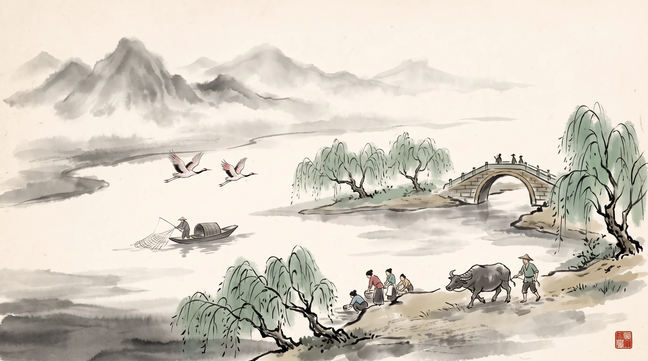 Chinese Ink Wash animation style: Traditional shuimo ink painting brought to life: flowing sumi brushstrokes, misty washes and rice paper, poetic and serene.