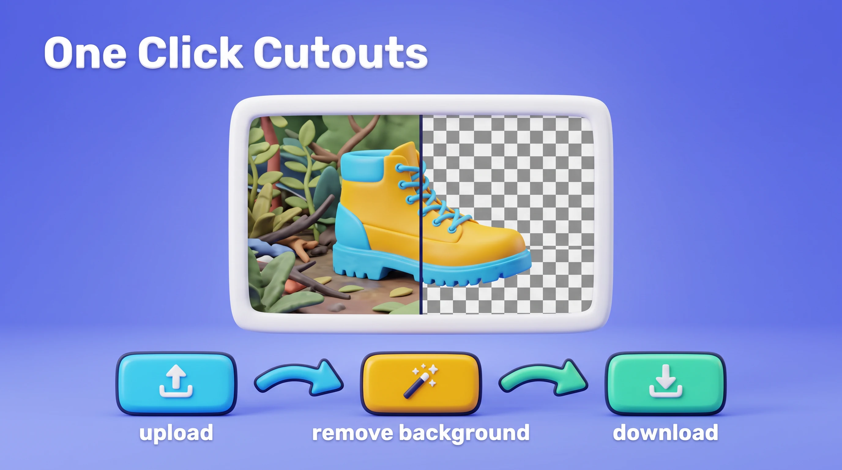 One click cutouts, in the Clay Studio SaaS 3D style