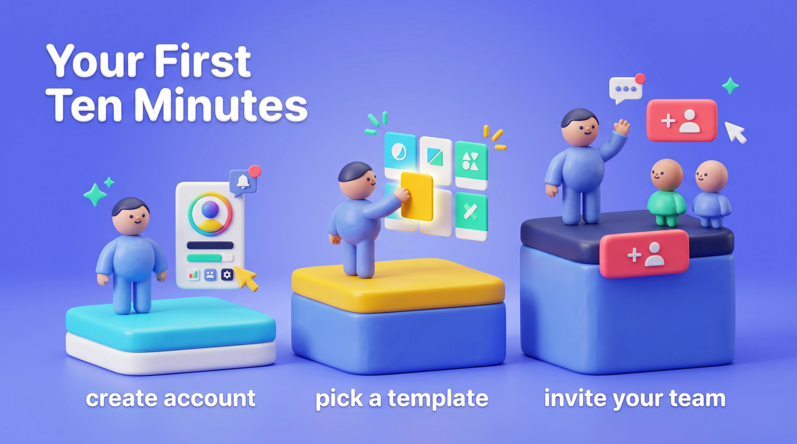 Your first ten minutes, in the Clay Studio SaaS 3D style