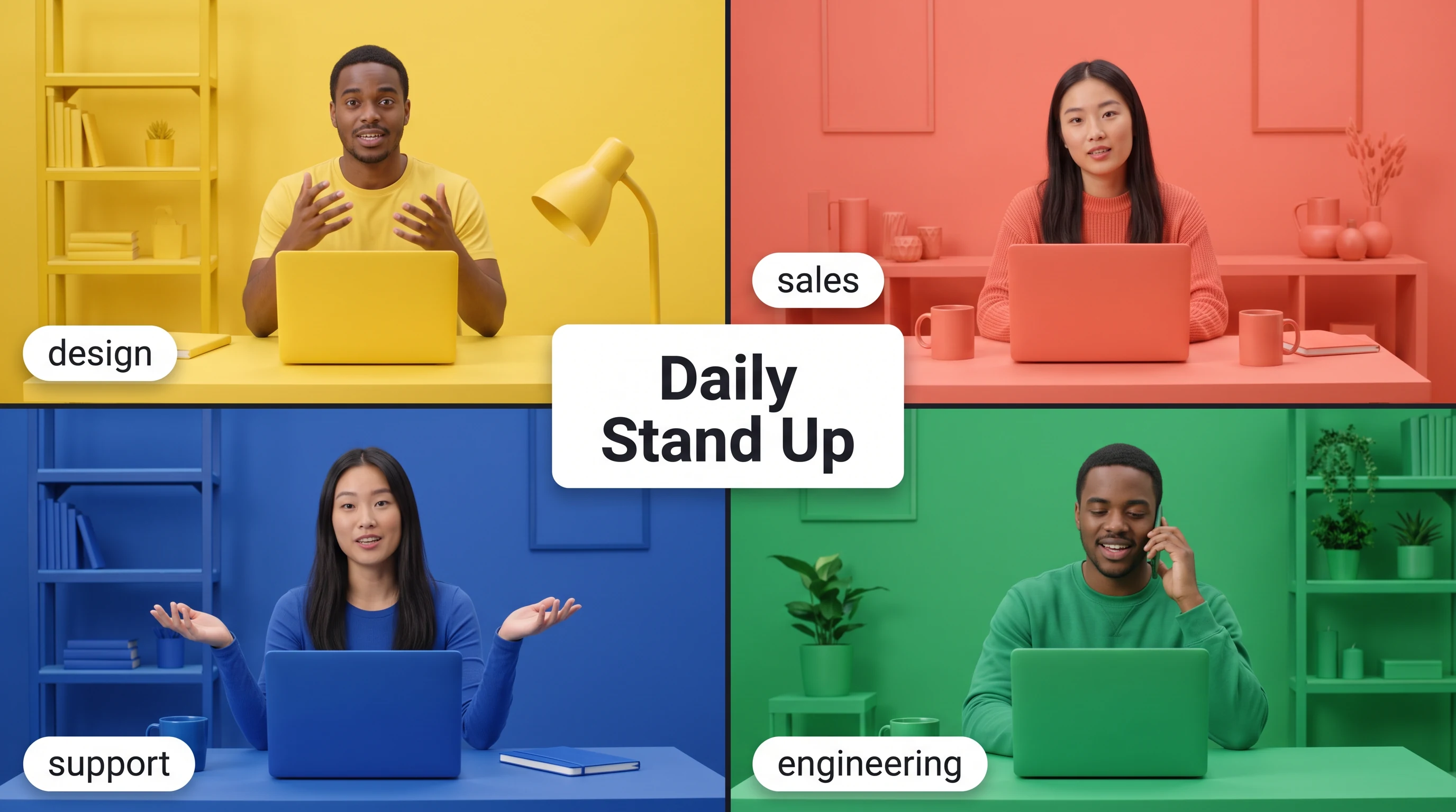 A daily stand up, in the Colour Block Live Action style