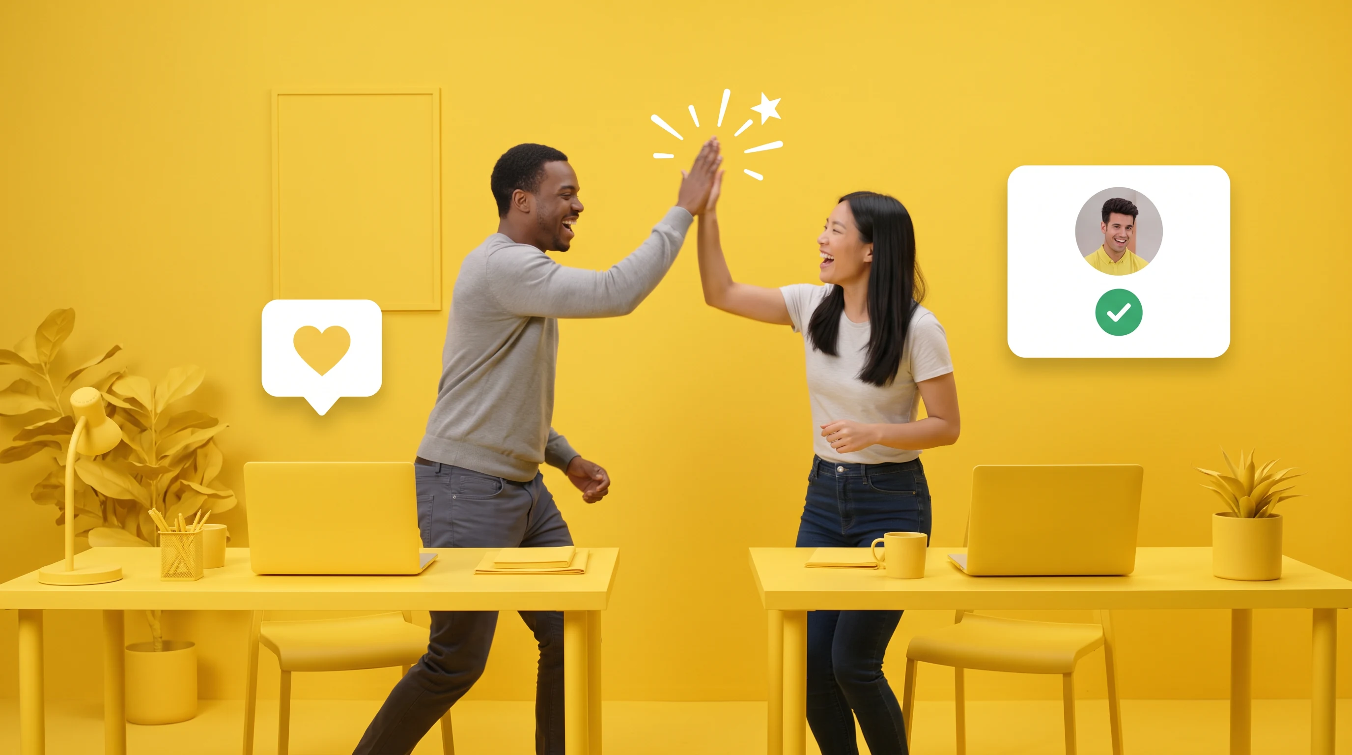 Colour Block Live Action animation style: Real people in bold single colour sets, with clean white interface cards and icons popping up around them.