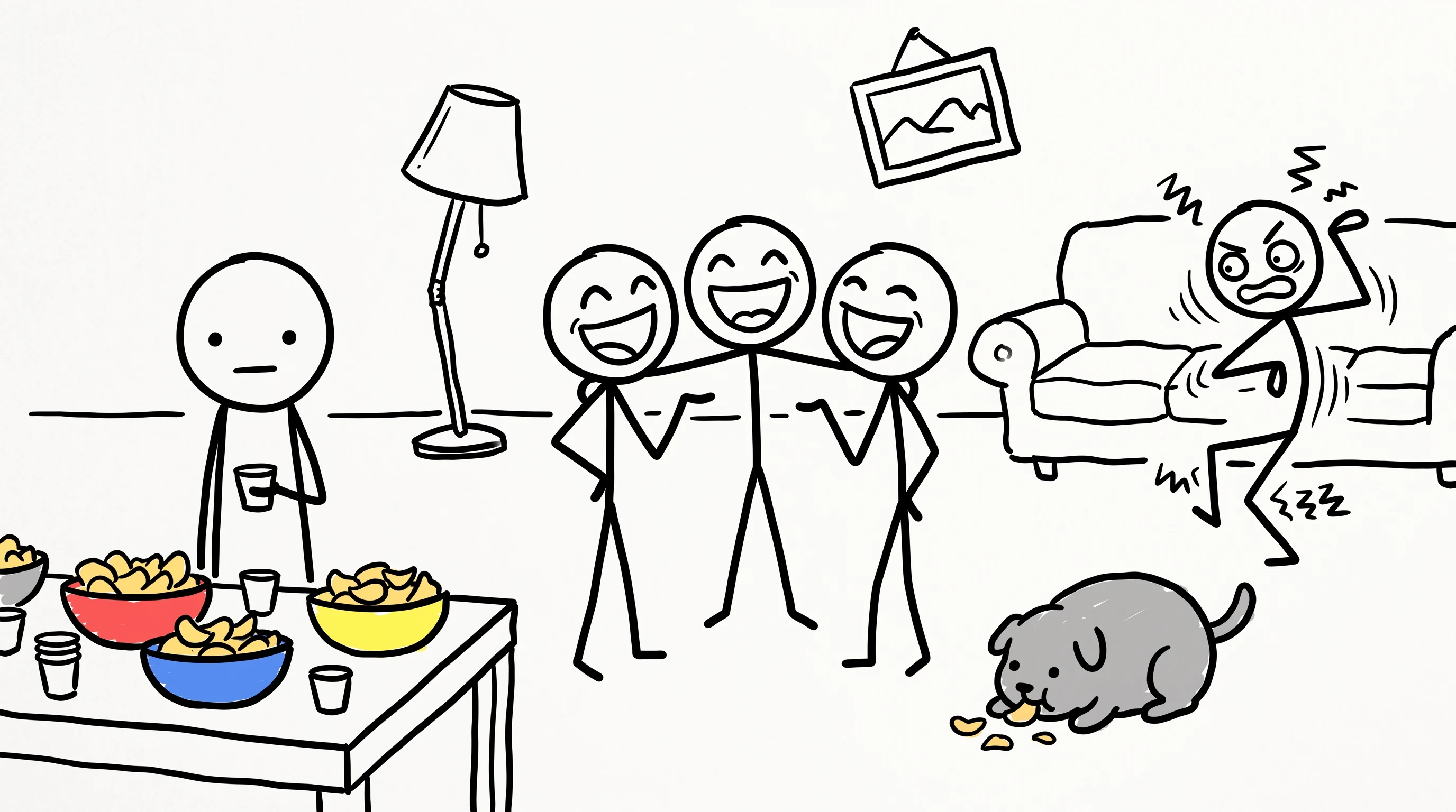 An awkward house party, in the Crude Doodle style