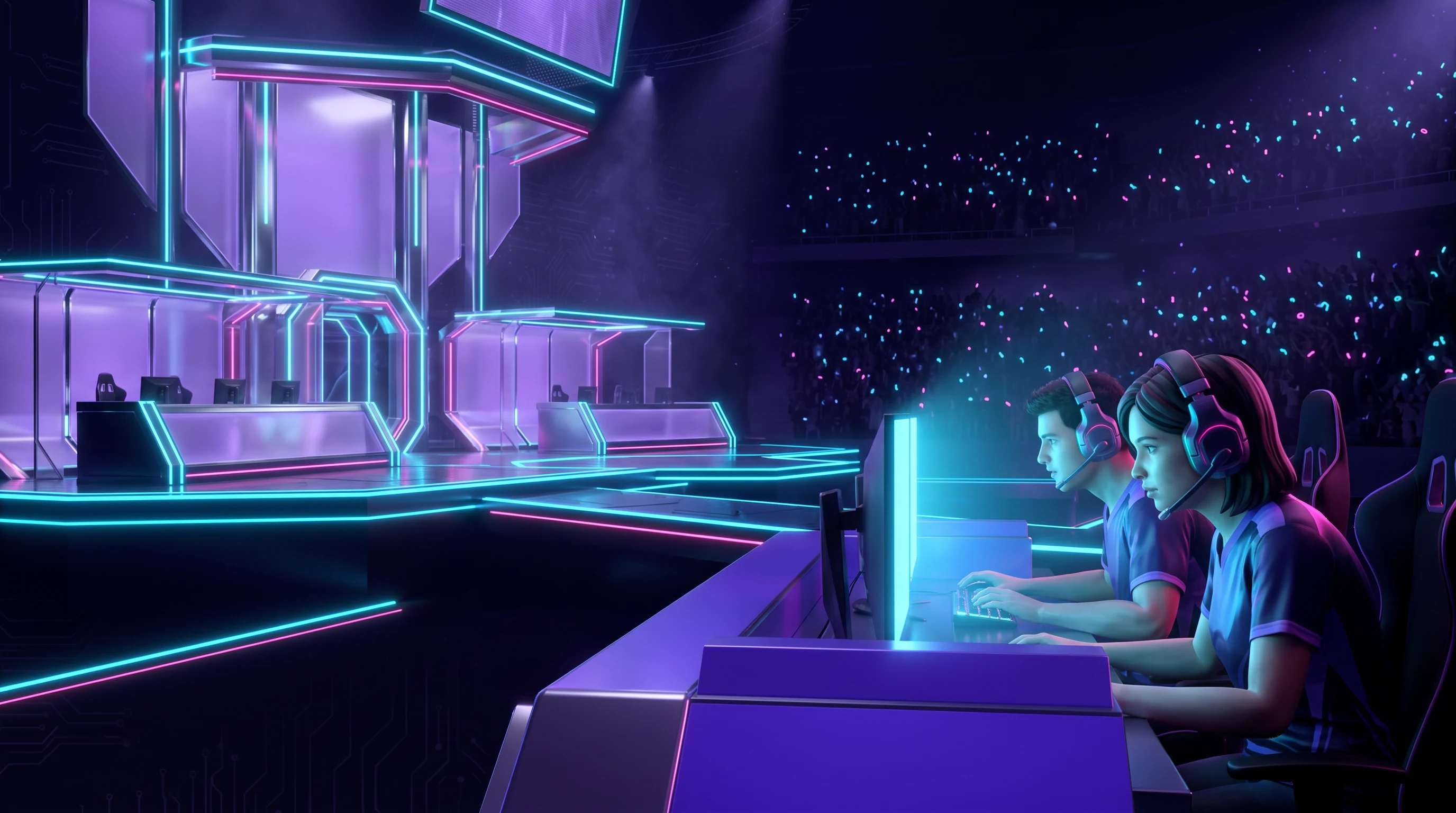 An esports arena, in the Cyber Violet 3D style