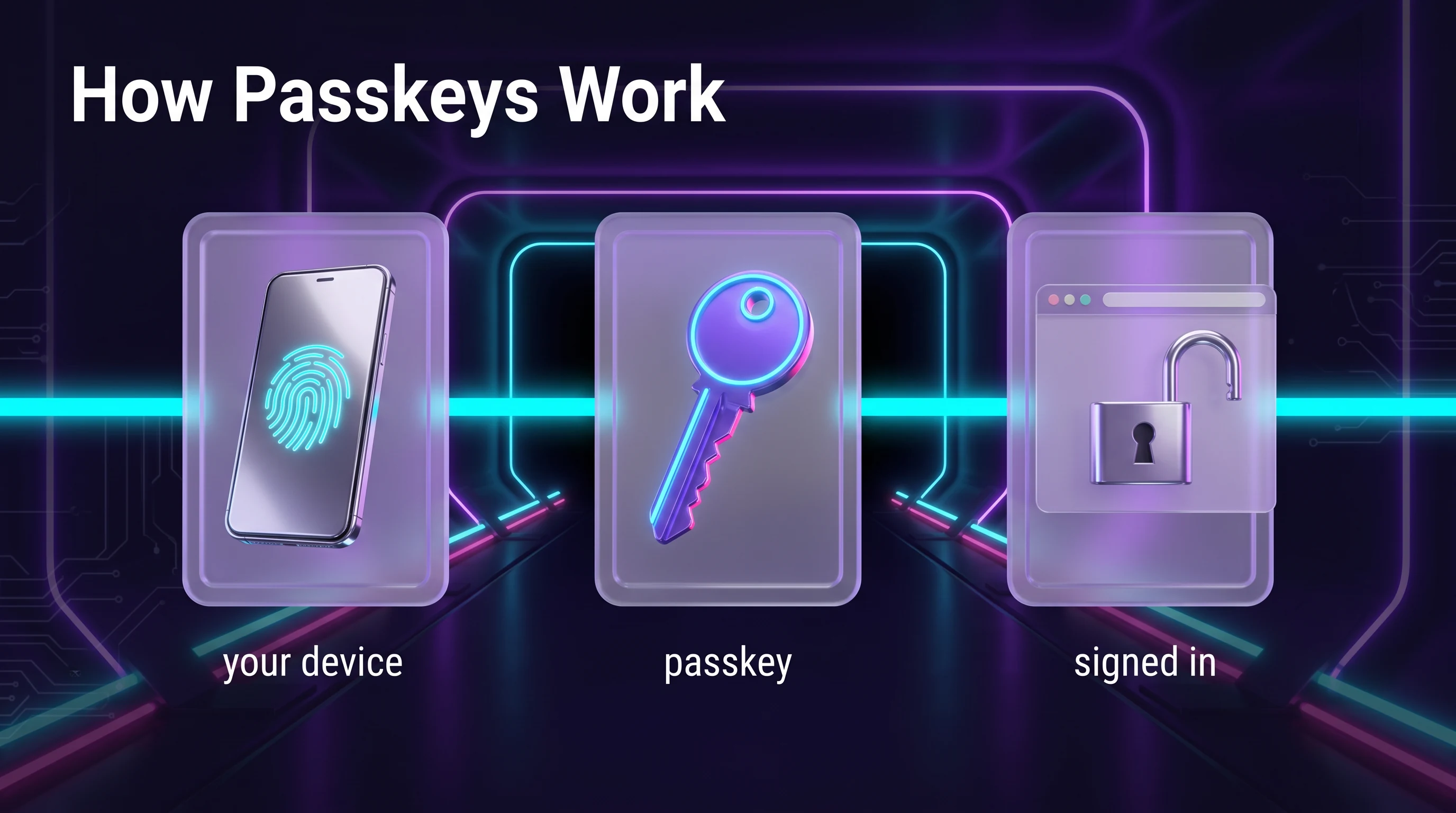 How passkeys work, in the Cyber Violet 3D style