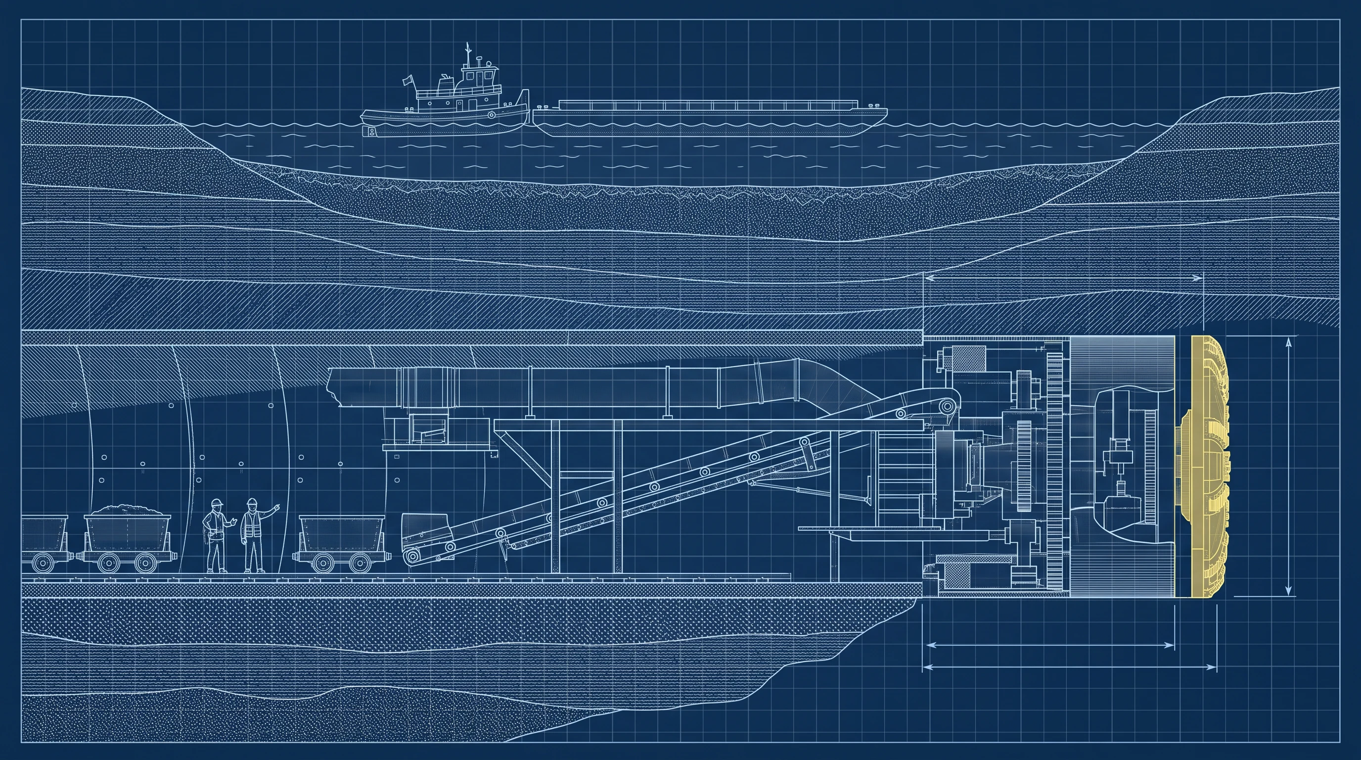 Building a tunnel under a river, in the Engineering Blueprint style