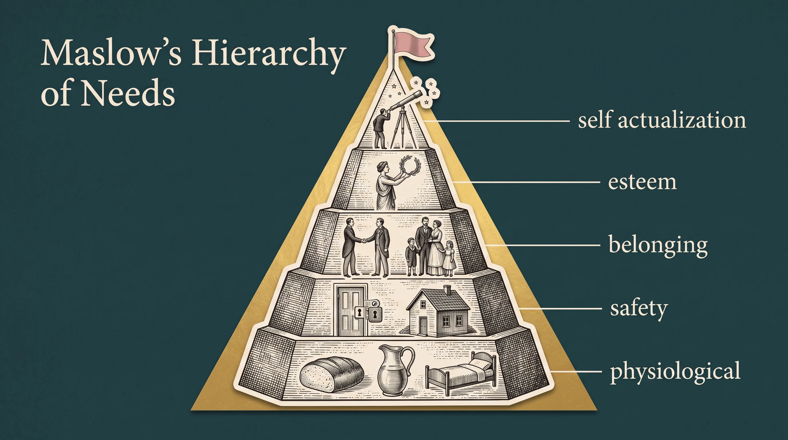 Maslow's hierarchy of needs, tier by tier, in the Engraving Collage style