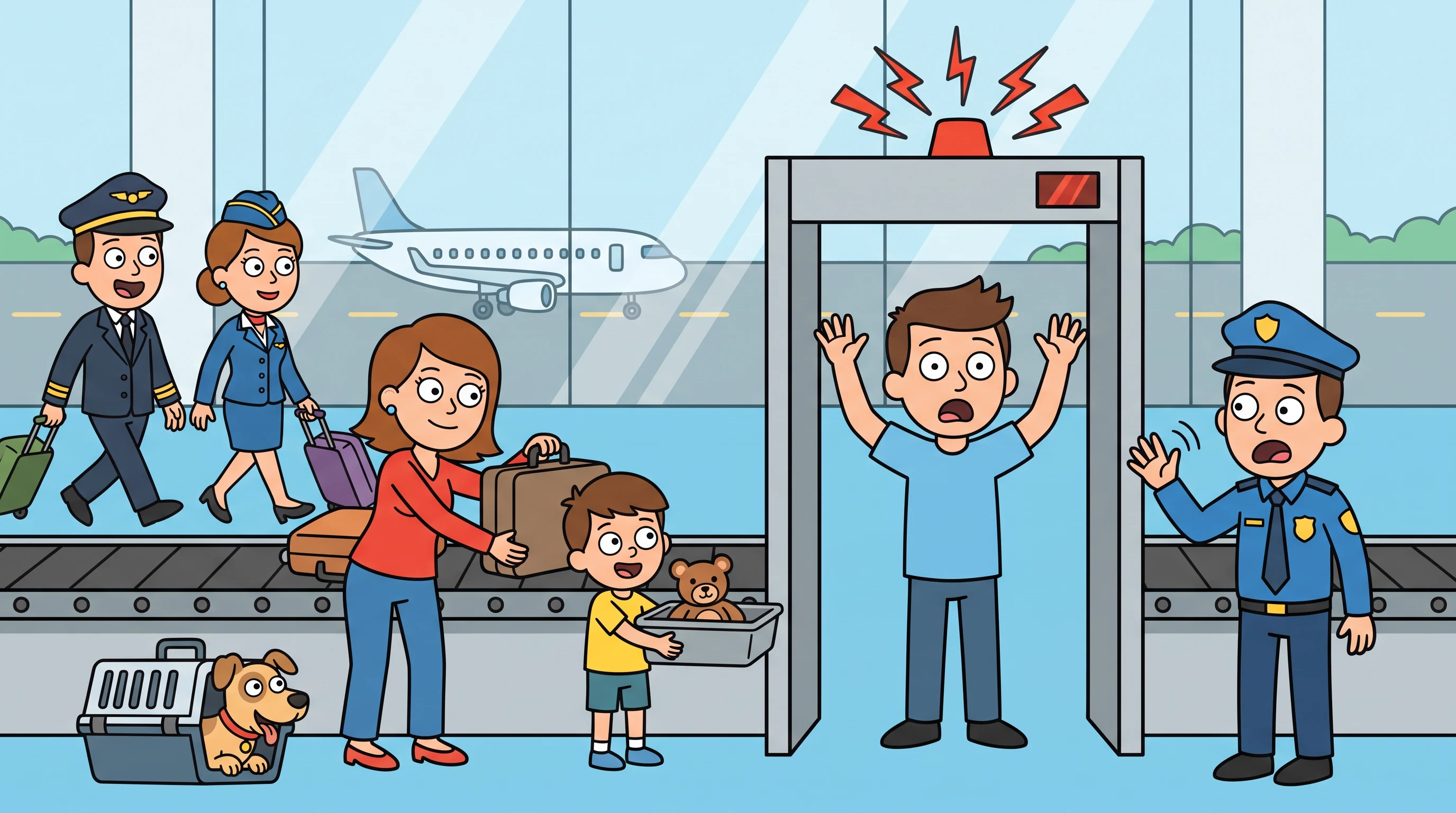A busy airport security line, in the Flat Cartoon Infographic style