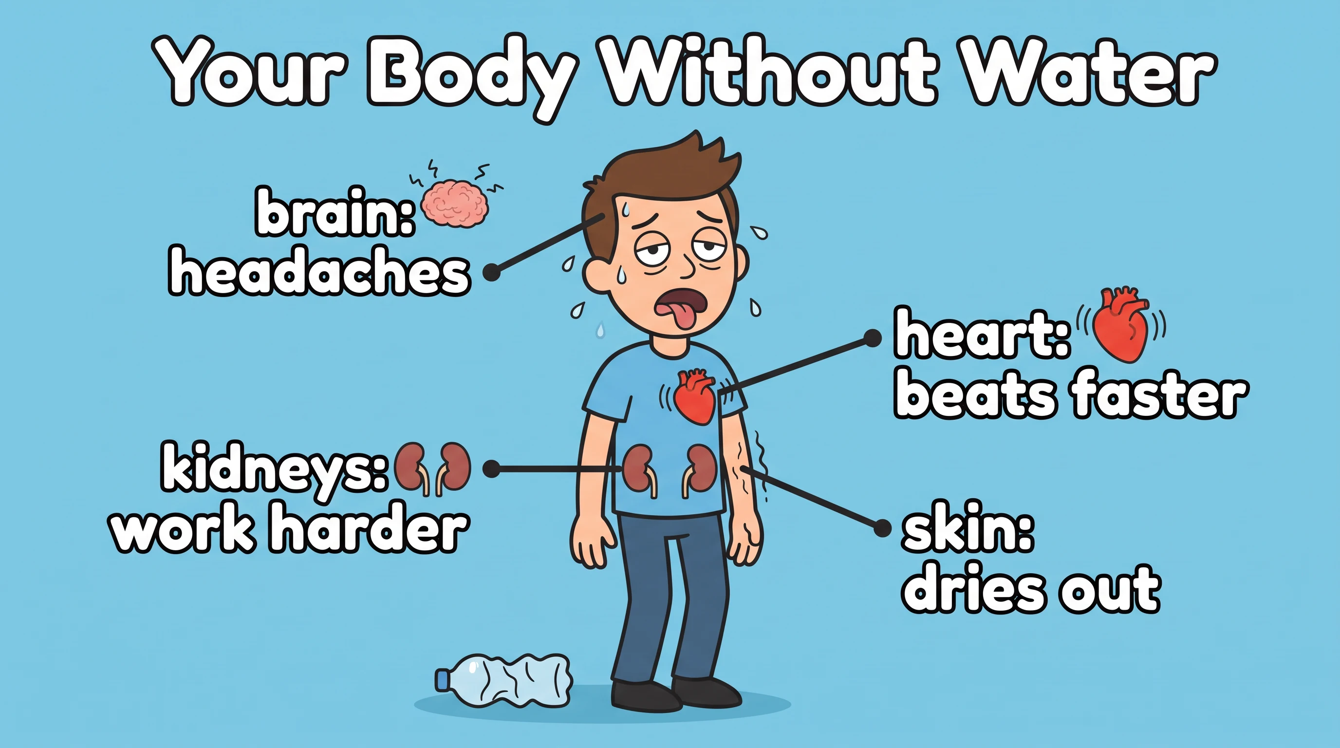 Your body without water, in the Flat Cartoon Infographic style