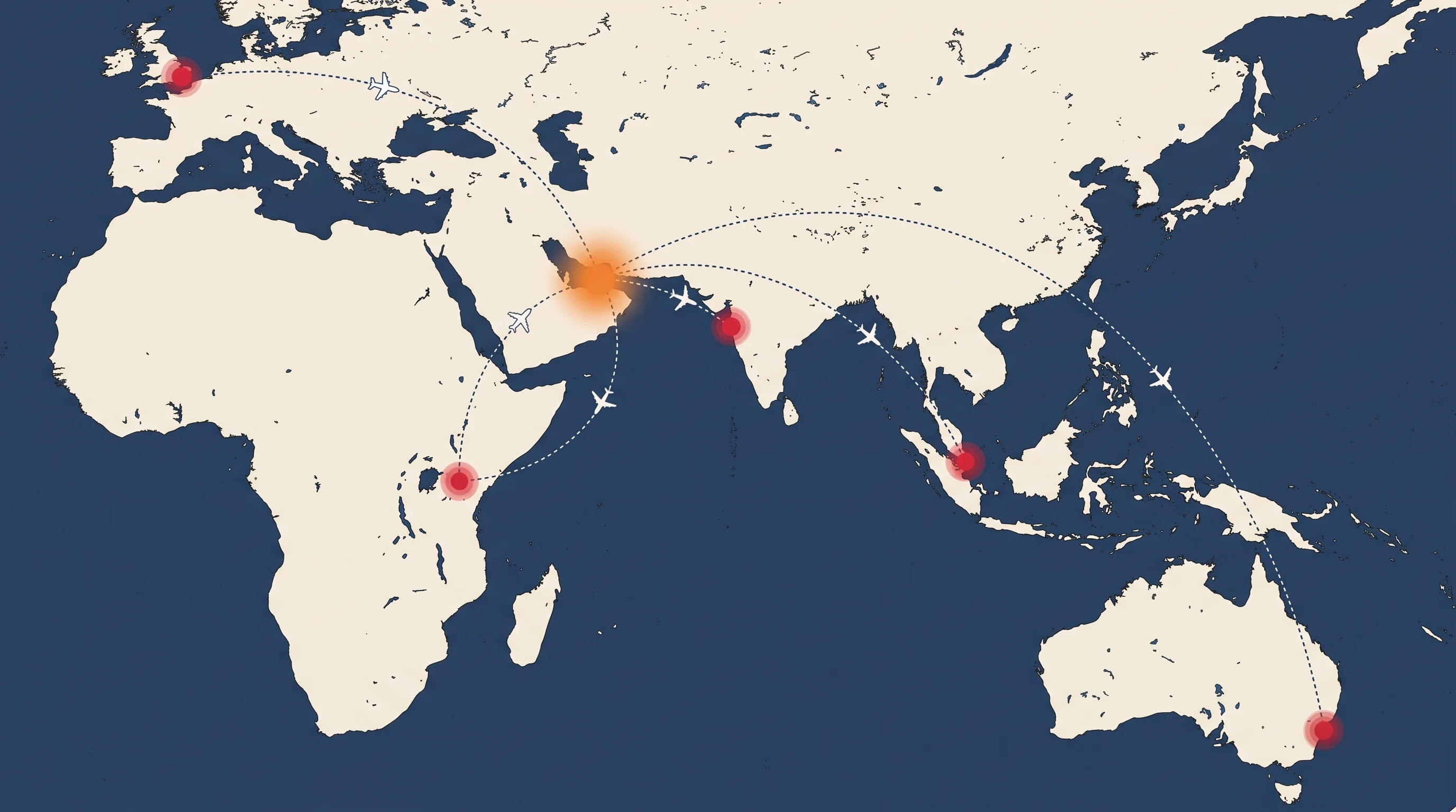 Flat Vector Map animation style: Clean flat maps in off white and deep blue, with orange highlights, red data dots and dotted flight arcs.