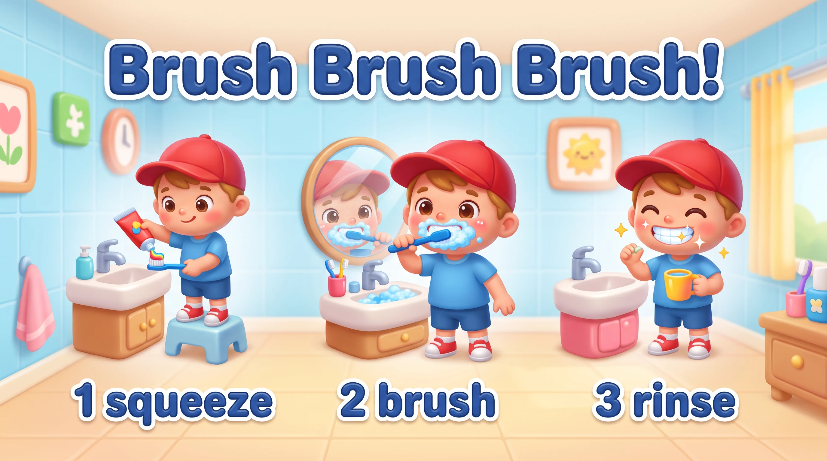 Brush brush brush, in the Glossy Preschool 3D style