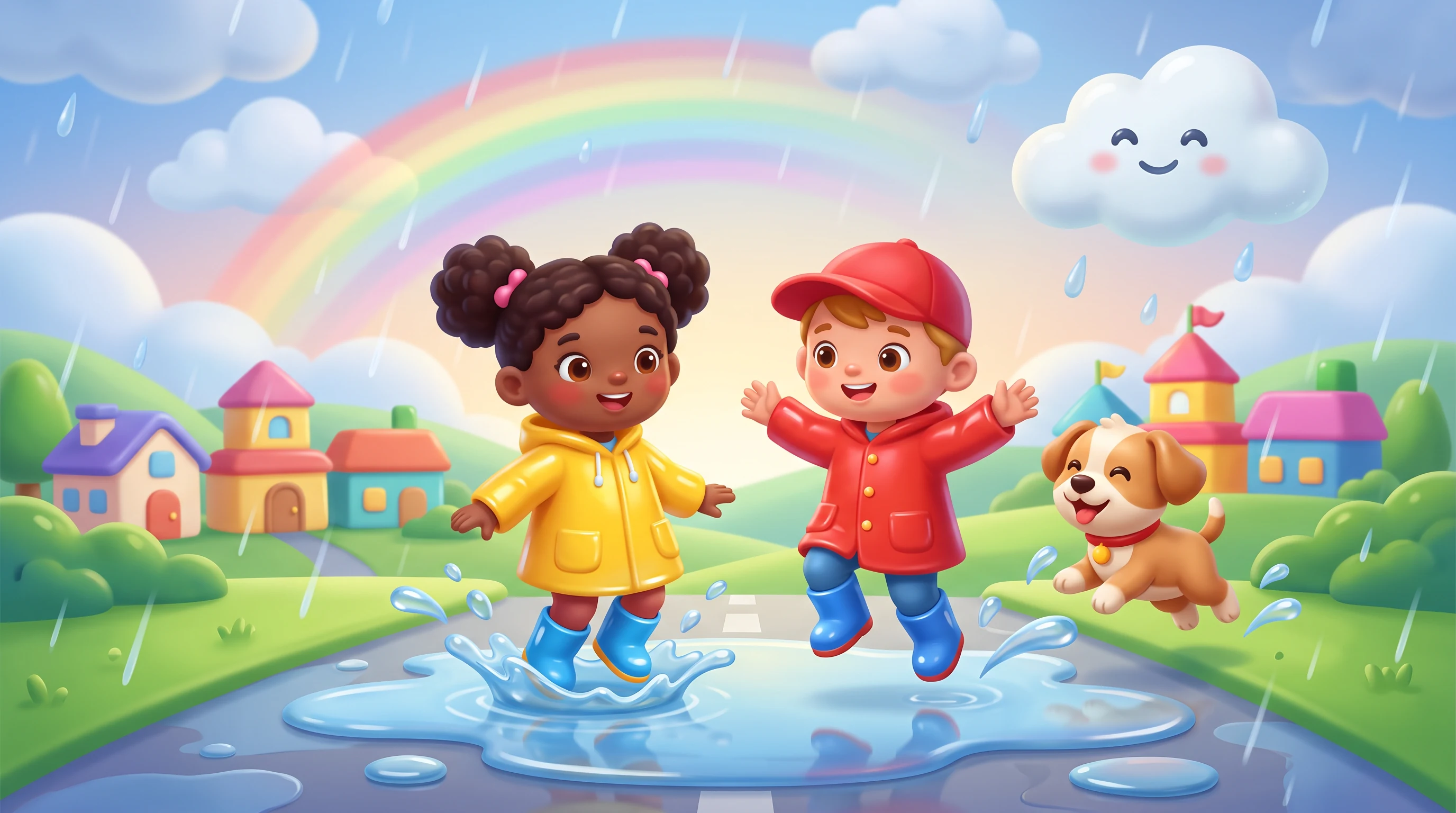 Glossy Preschool 3D animation style: Bright, glossy 3D for little learners: big shiny eyes, candy colours, sunny hills and toy towns.
