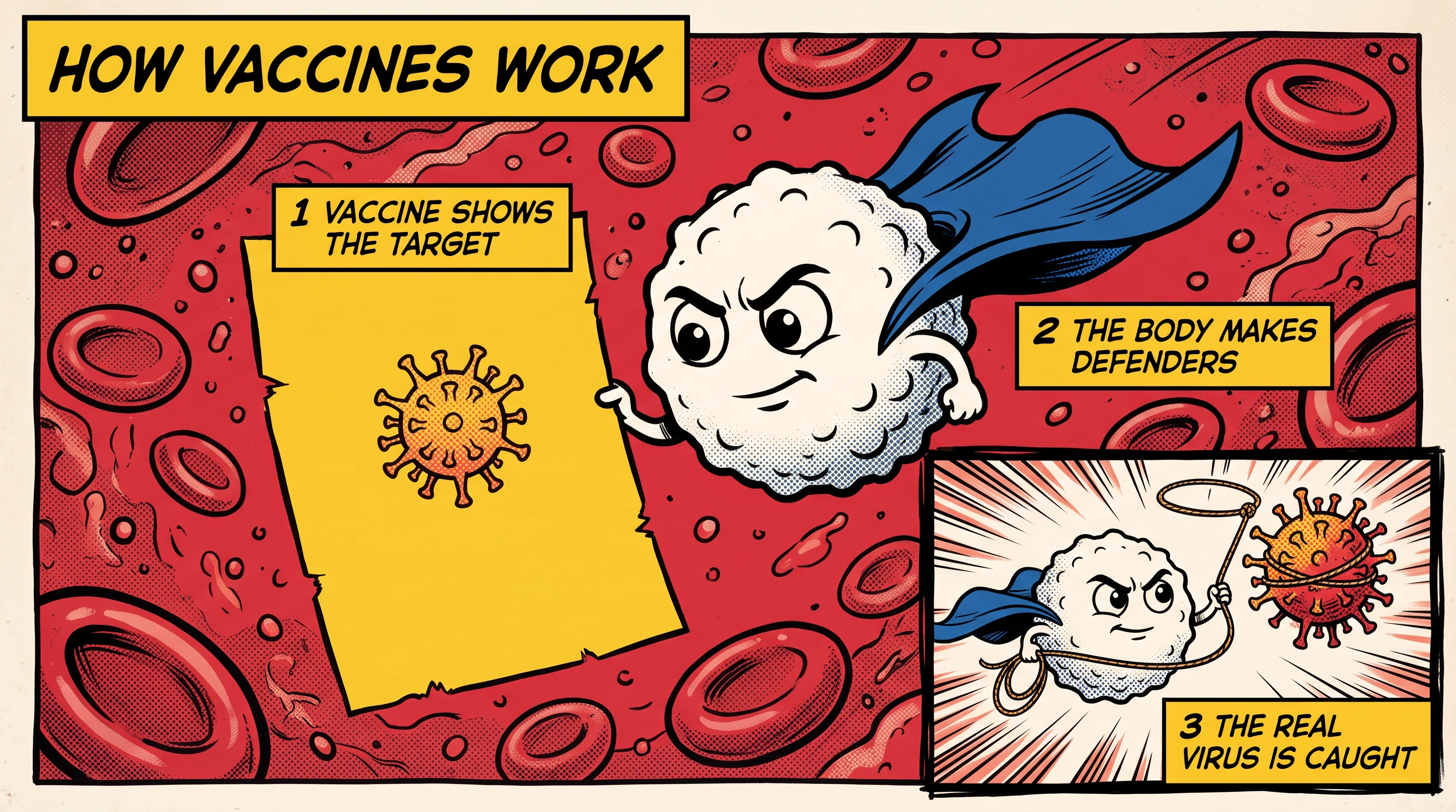 Halftone Comic animation style: Bold inks and Ben Day dots in red, blue and yellow, with dynamic panels, speed lines and caption boxes.