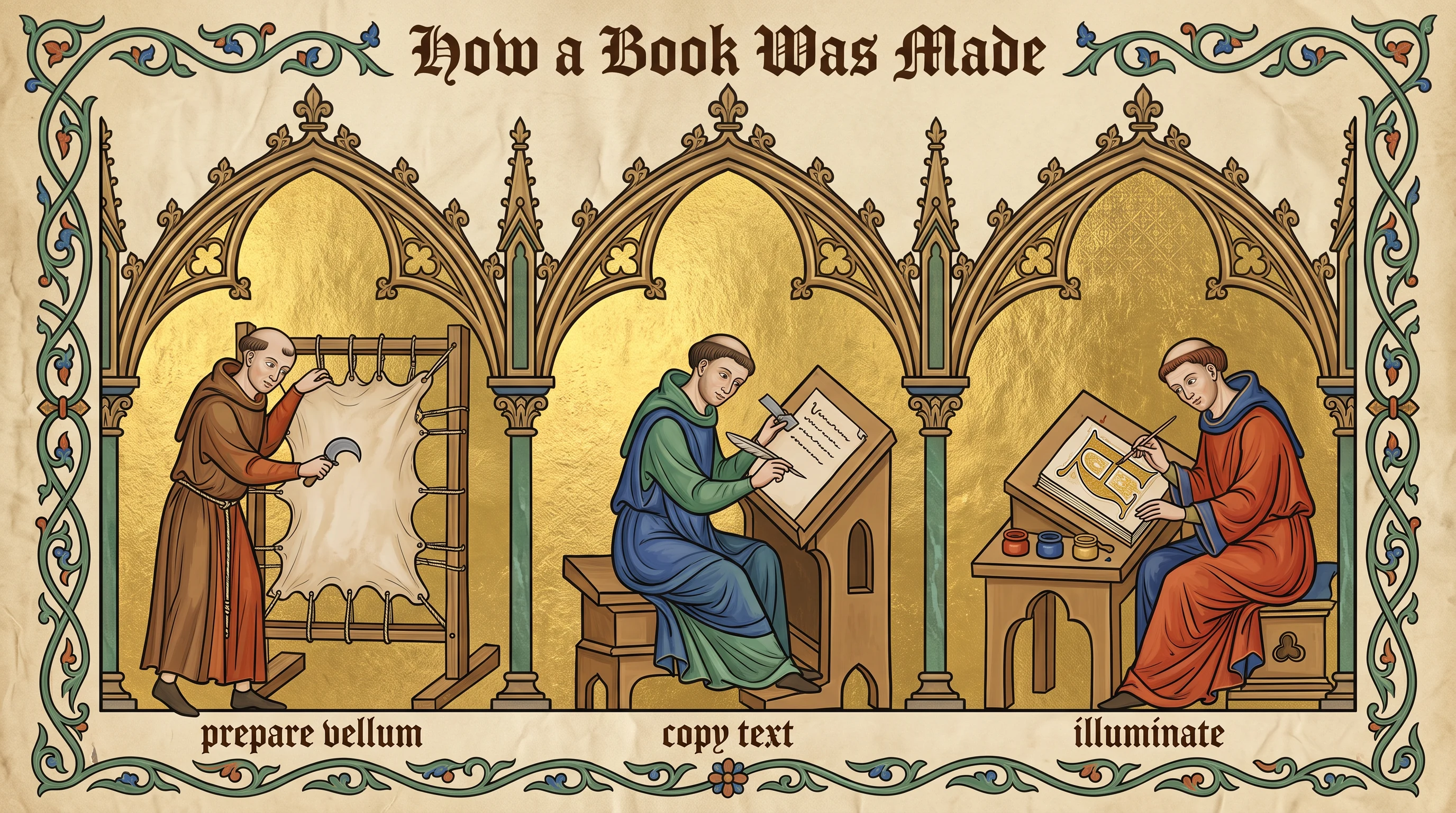 How a book was made, in the Illuminated Manuscript style