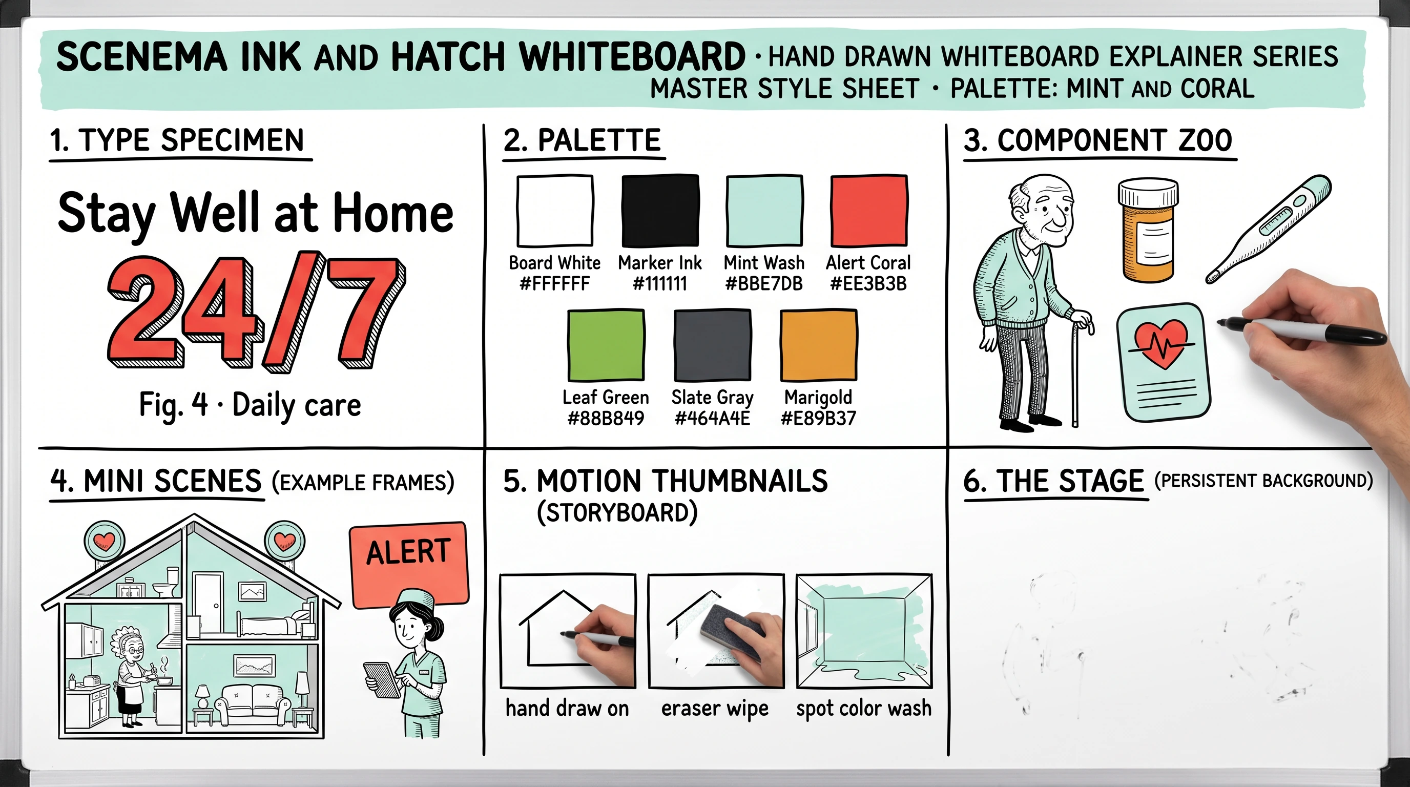 Scenema Ink and Hatch Whiteboard style sheet: a hand drawing bold marker cartoons with cross-hatching and mint, coral, green and marigold washes