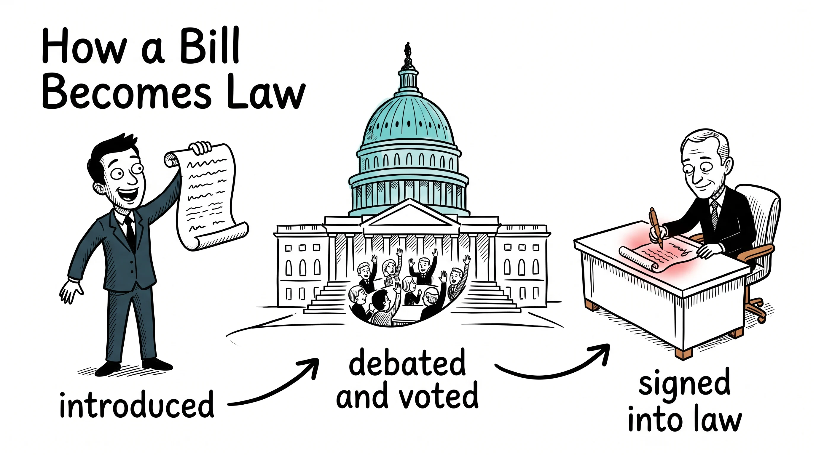 How a bill becomes law, in the Ink Caricature Whiteboard style