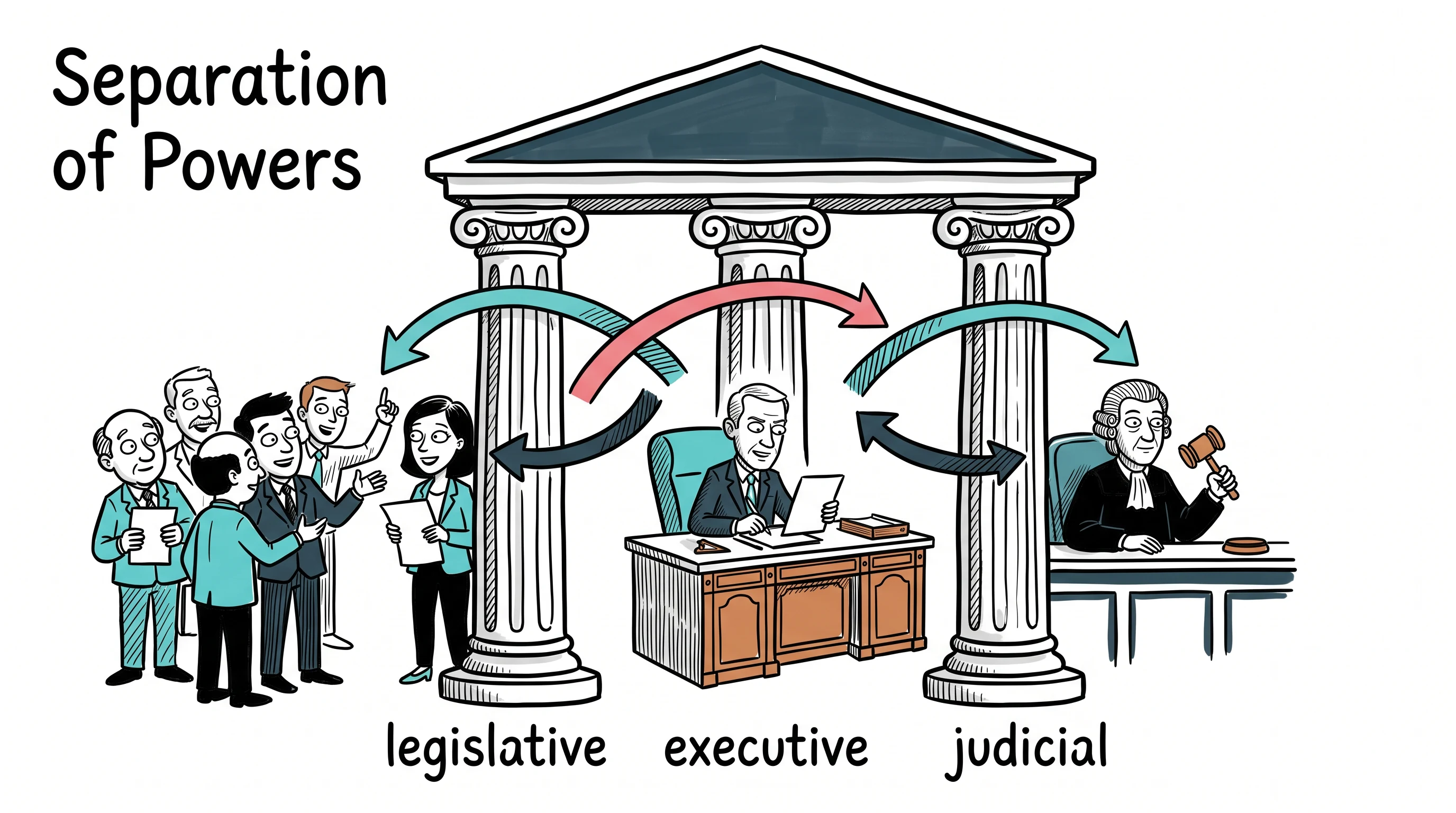 The separation of powers, in the Ink Caricature Whiteboard style