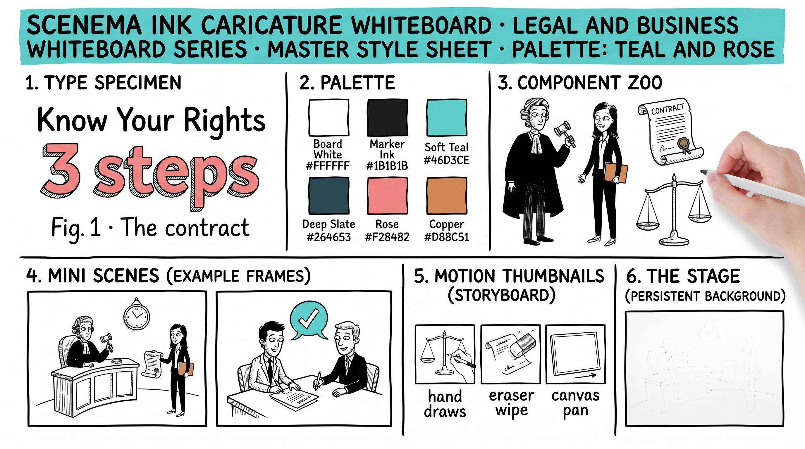 Scenema Ink Caricature Whiteboard style sheet: expressive ink caricatures on white with teal and rose spot color
