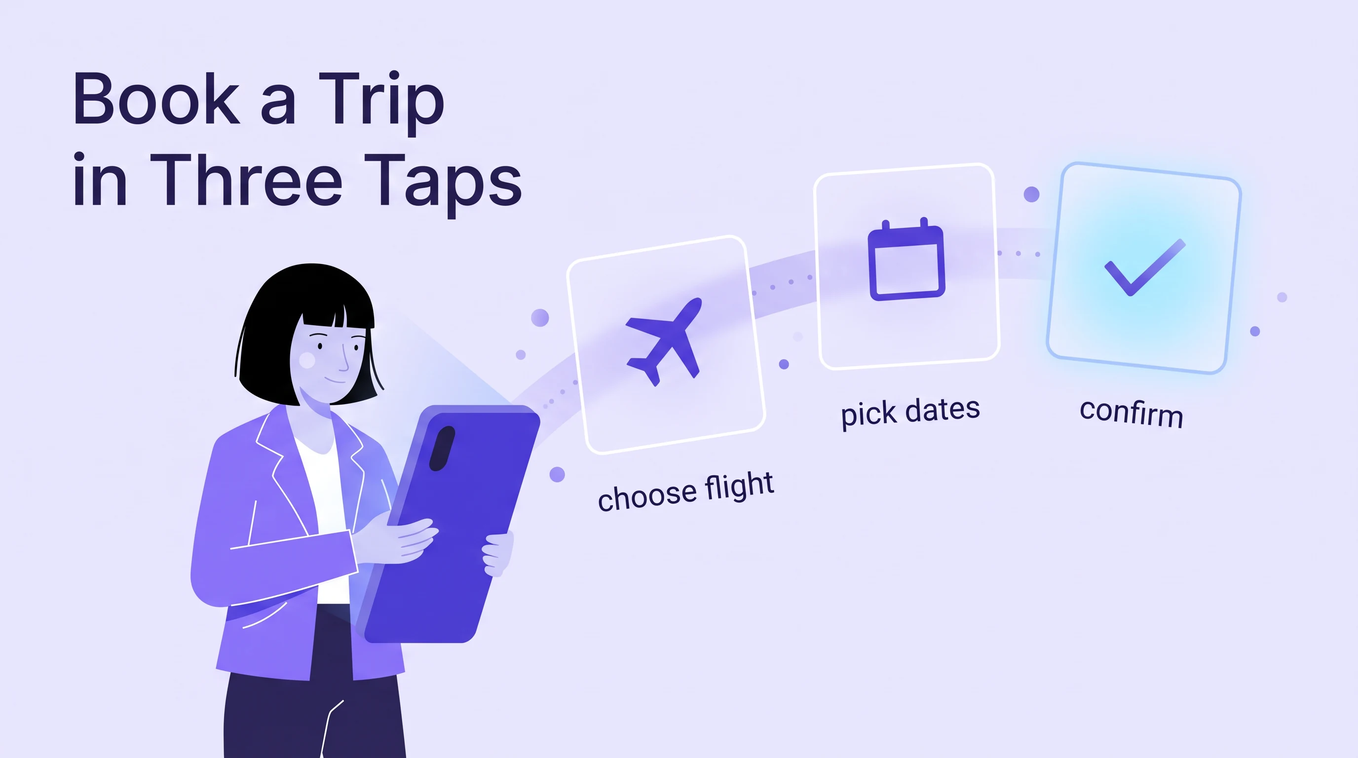 Lavender Glass Tech animation style: Flat vector characters with floating frosted glass UI in one lavender to indigo palette.