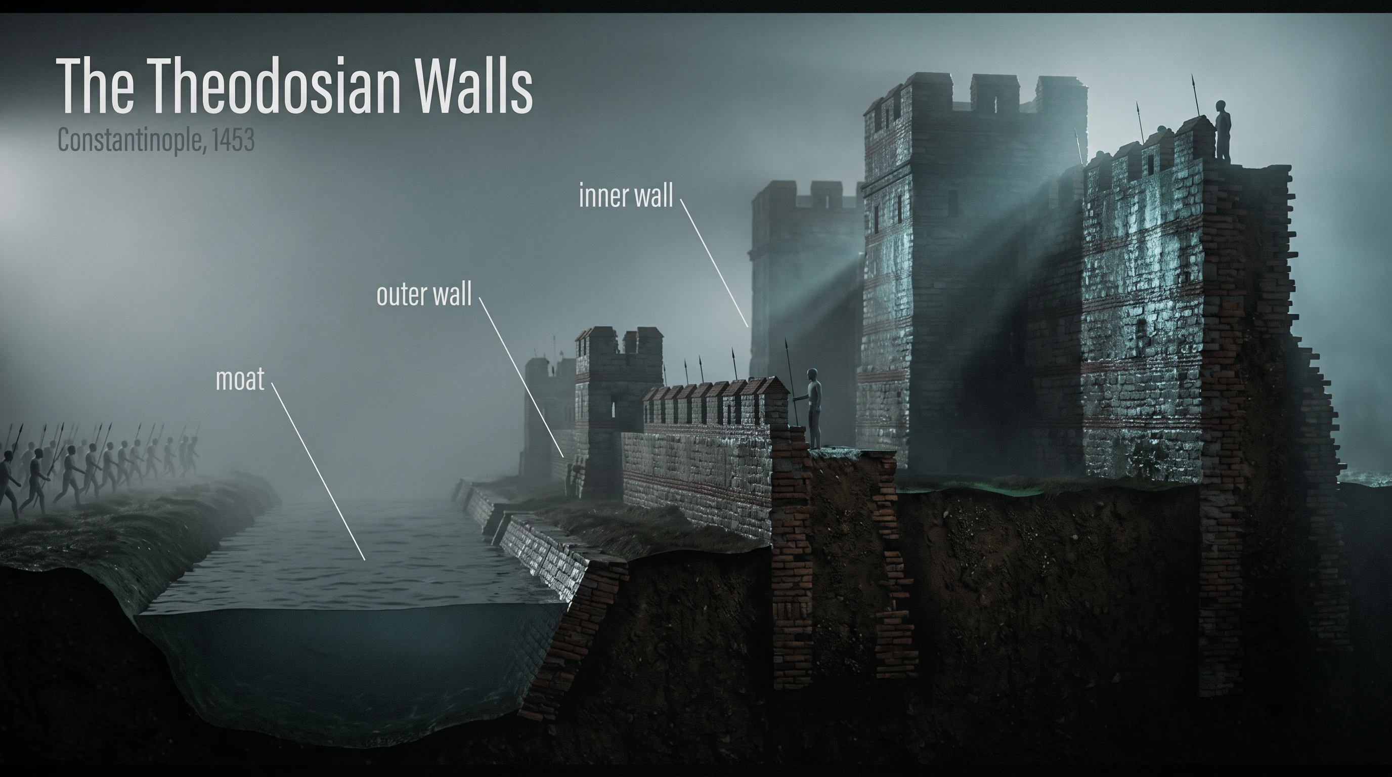 The Theodosian Walls, 1453, in the Mannequin Documentary 3D style